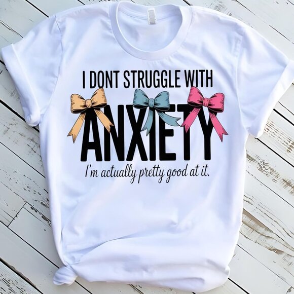 Anxiety Bow Funny Tee Graphic Short Sleeve T-Shirt - Picture 1 of 2
